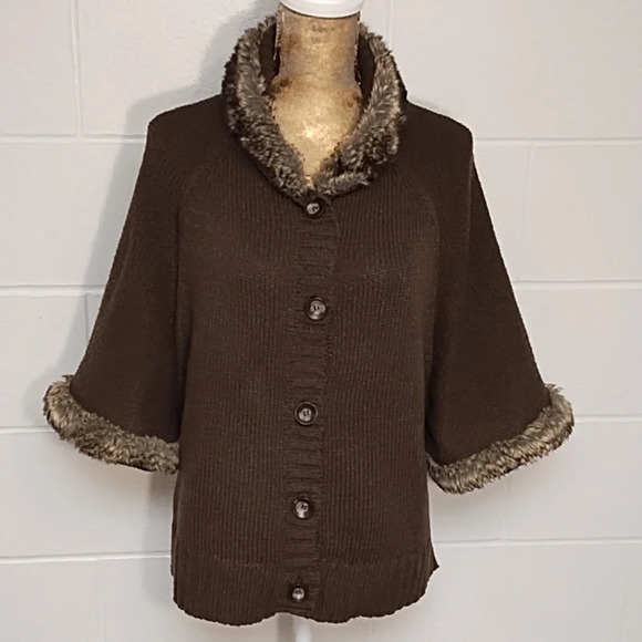 Daisy Fuentes Brown Button-up 3/4 Sleeve Faux Fur Trimmed Cardigan Jacket - Picture 1 of 17